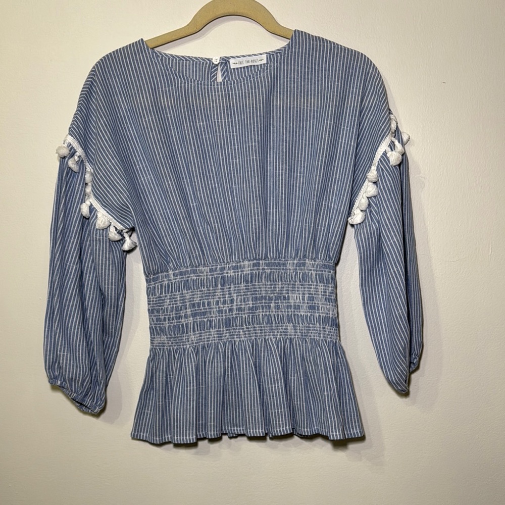 Free the Roses blue Smocked pom Pom Blouse